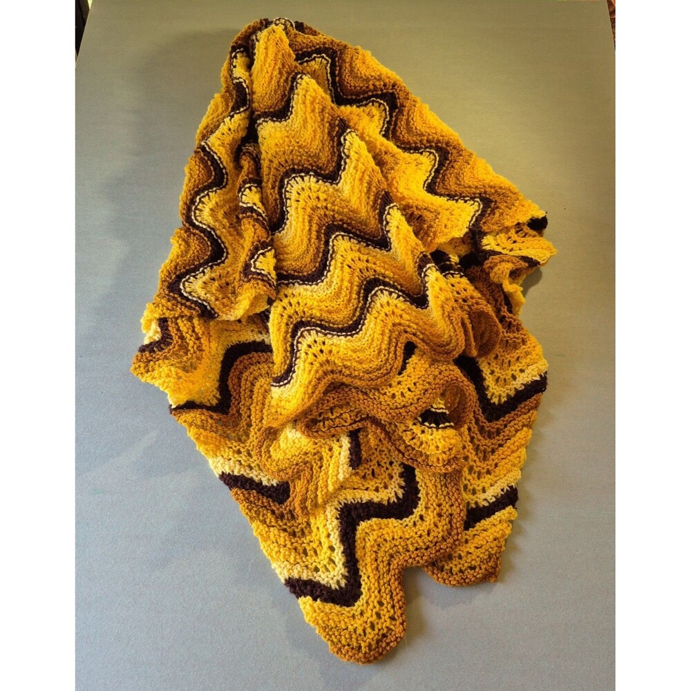 Vtg Afghan Chevron Crochet Zig Zag Throw Yellow Orange Granny  Vibes 47x60